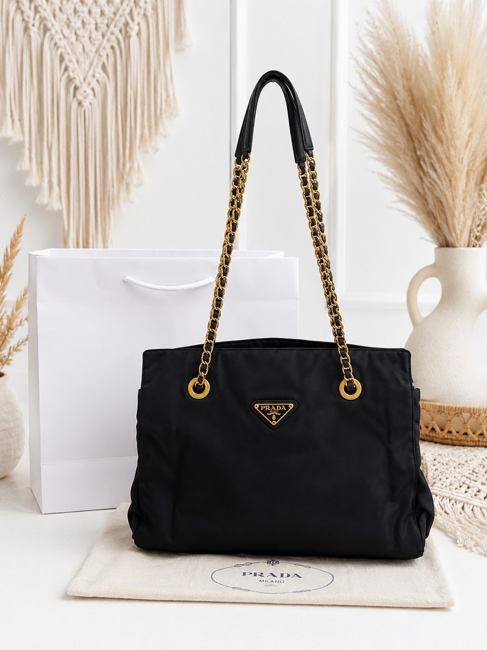 Prada Black Chain-Handle Nylon Tote Bag